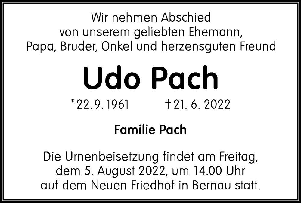  Traueranzeige für Udo Pach vom 16.07.2022 aus lausitzer_rundschau