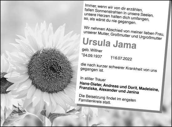 Traueranzeige von Ursula Jama von lausitzer_rundschau