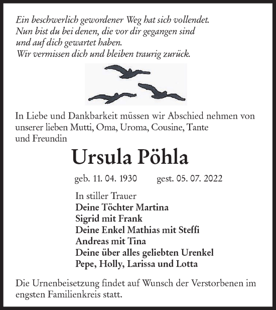 Traueranzeige von Ursula Pöhla von lausitzer_rundschau