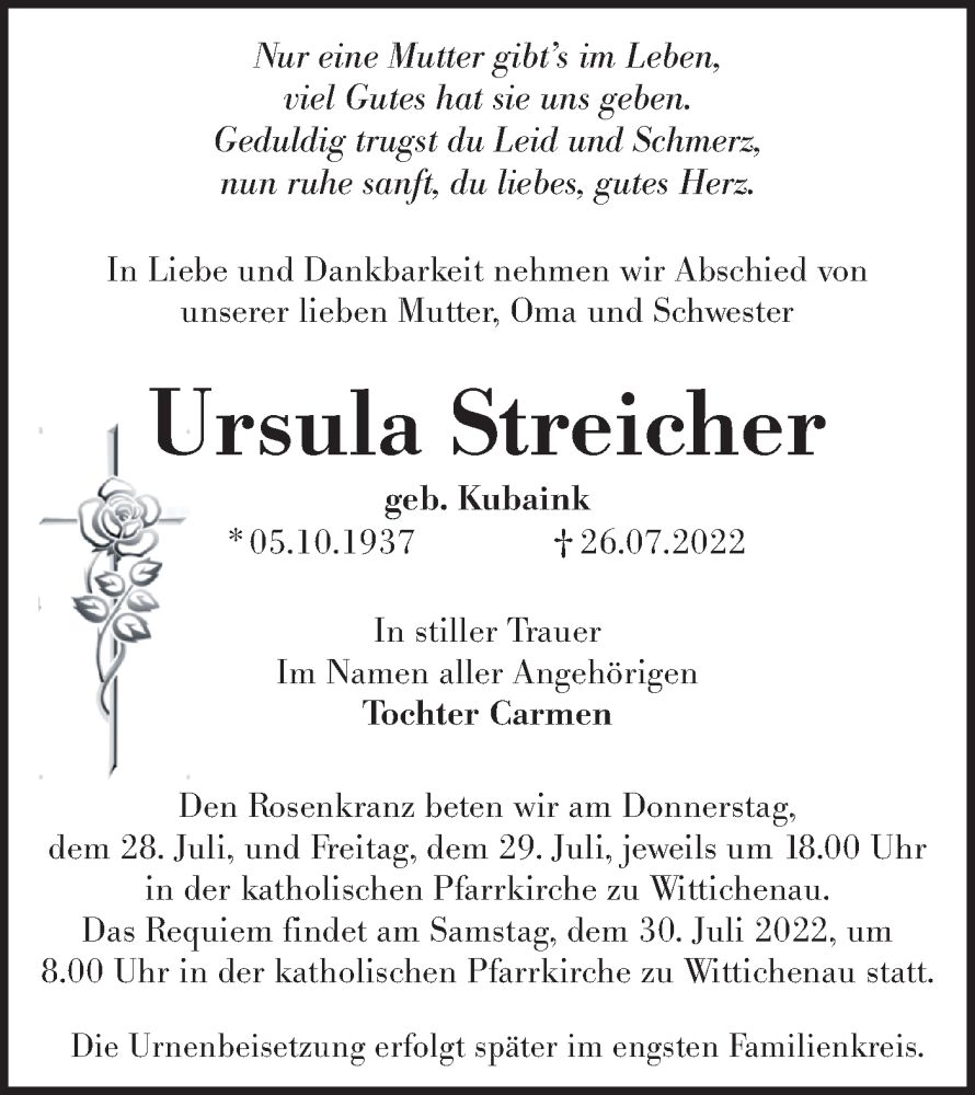  Traueranzeige für Ursula Streicher vom 29.07.2022 aus lausitzer_rundschau
