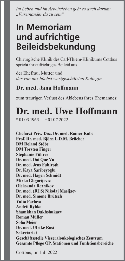 Traueranzeige von Uwe Hoffmann von lausitzer_rundschau