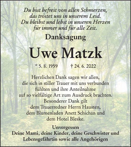 Traueranzeige von Uwe Matzk von lausitzer_rundschau
