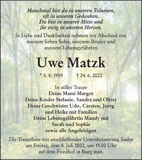 Traueranzeige von Uwe Matzk von lausitzer_rundschau