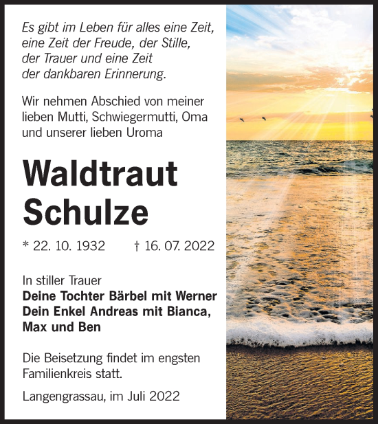 Traueranzeige von Waldtraut Schulze von lausitzer_rundschau