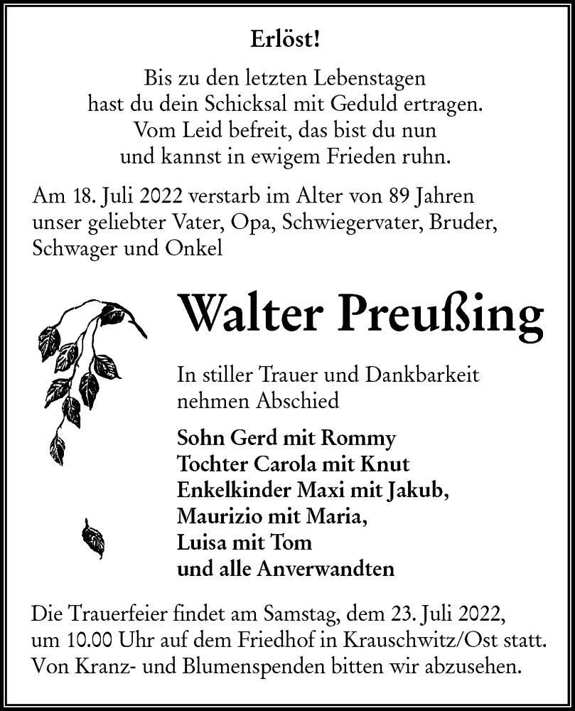  Traueranzeige für Walter Preußing vom 20.07.2022 aus lausitzer_rundschau