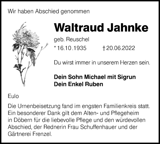 Traueranzeige von Waltraud Jahnke von lausitzer_rundschau