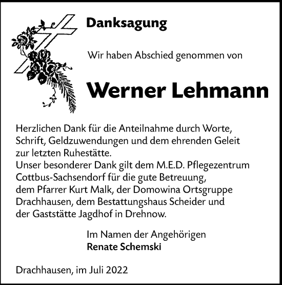 Traueranzeige von Werner Lehmann von lausitzer_rundschau