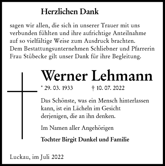 Traueranzeige von Werner Lehmann von lausitzer_rundschau