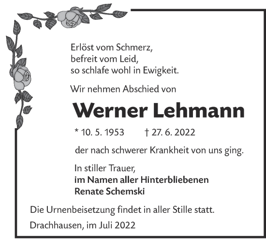 Traueranzeige von Werner Lehmann von lausitzer_rundschau