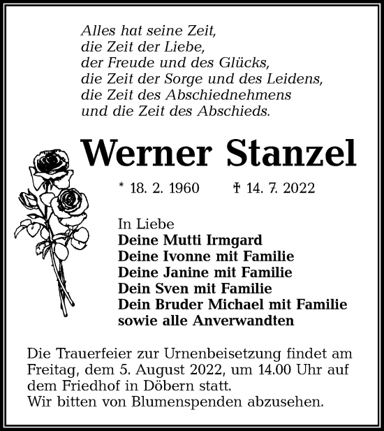 Traueranzeige von Werner Stanzel von lausitzer_rundschau