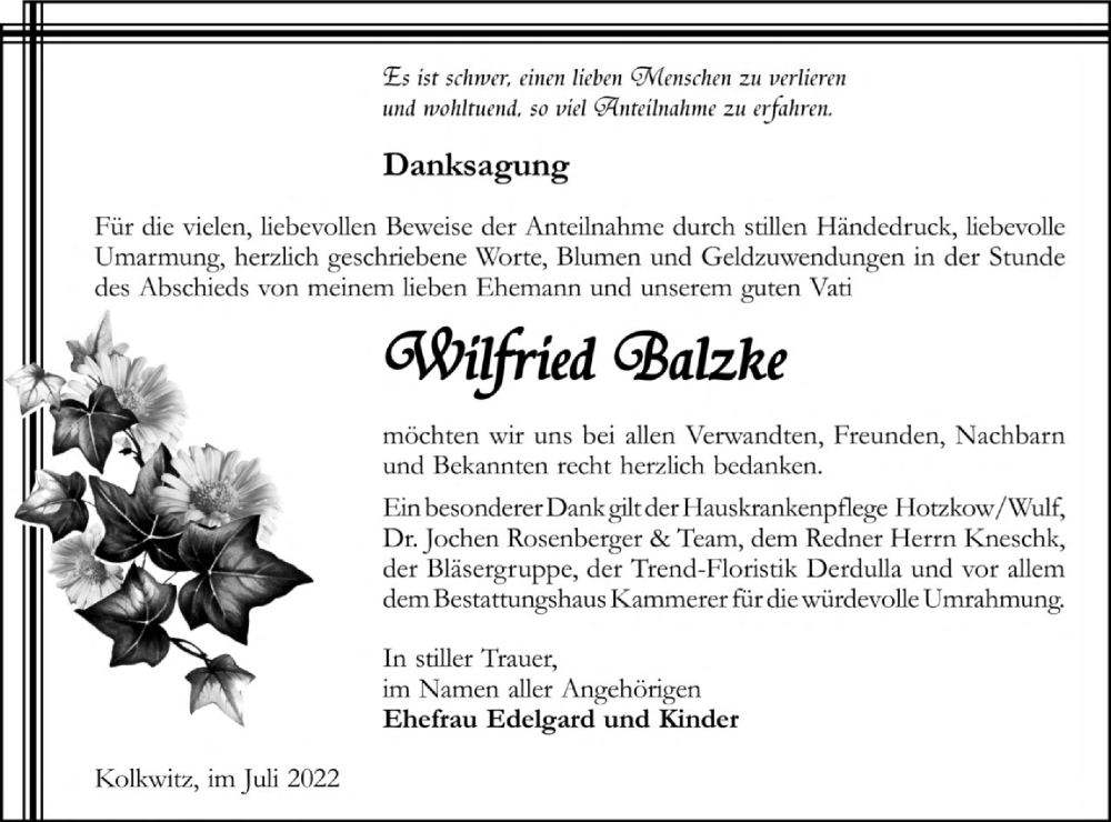  Traueranzeige für Wilfried Balzke vom 14.07.2022 aus lausitzer_rundschau