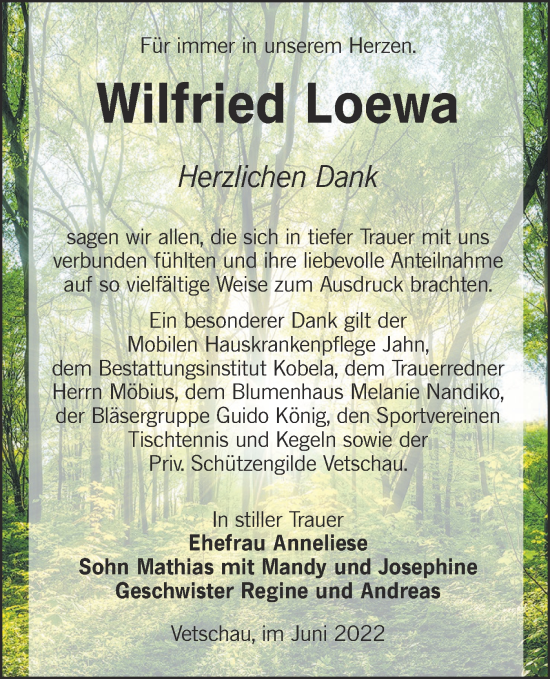 Traueranzeige von Wilfried Loewa von lausitzer_rundschau