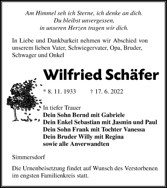 Traueranzeige von Wilfried Schäfer von lausitzer_rundschau