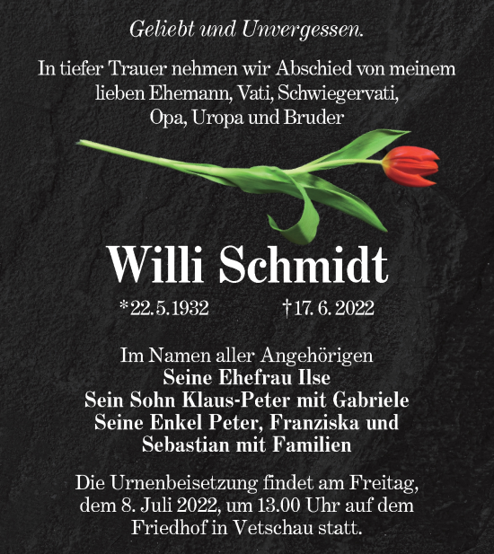 Traueranzeige von Willi Schmidt von lausitzer_rundschau
