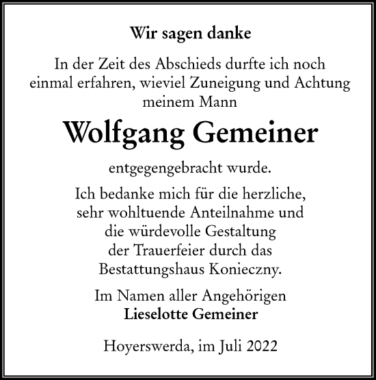 Traueranzeige von Wolfgang Gemeiner von lausitzer_rundschau