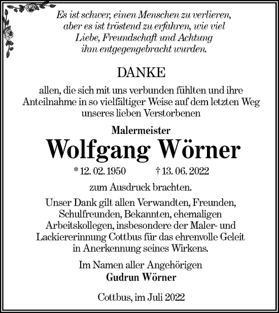 Traueranzeige von Wolfgang Wörner von lausitzer_rundschau