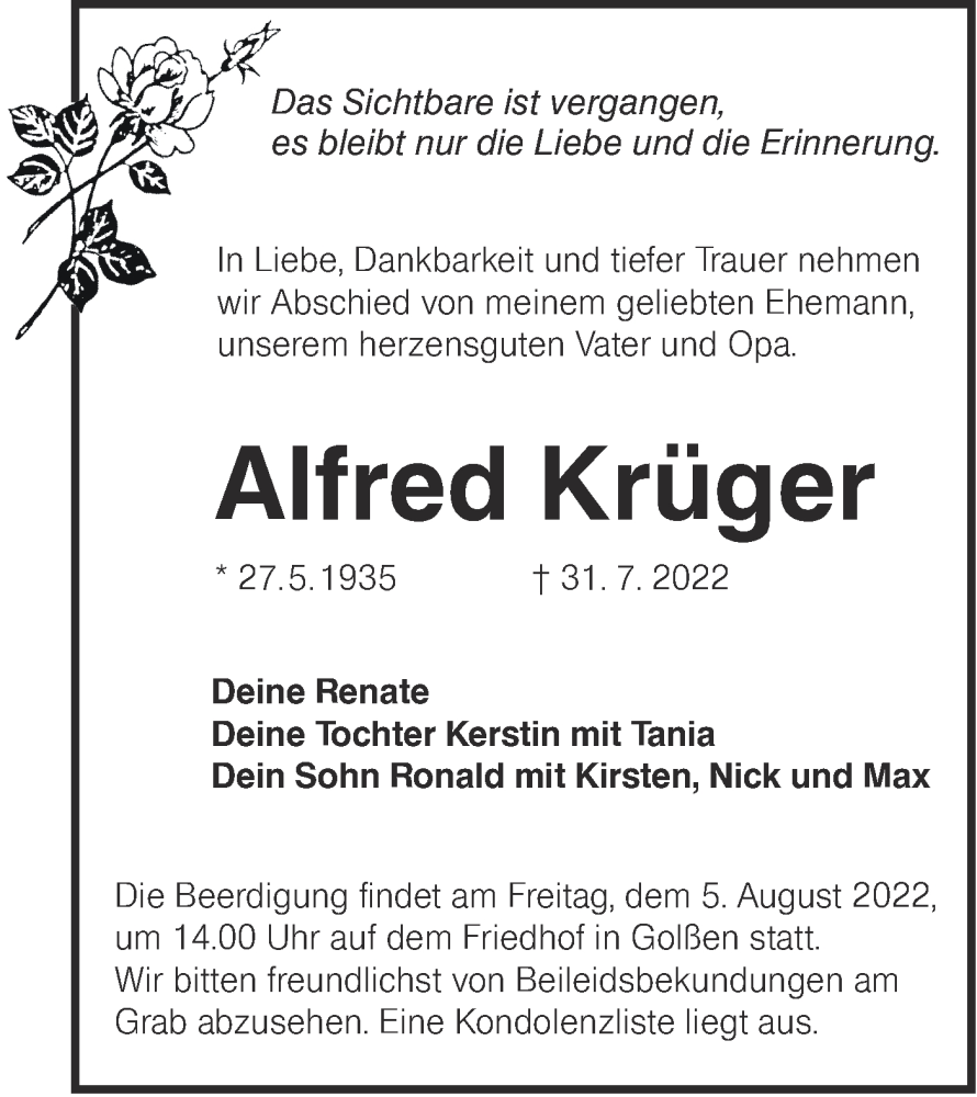  Traueranzeige für Alfred Krüger vom 02.08.2022 aus lausitzer_rundschau