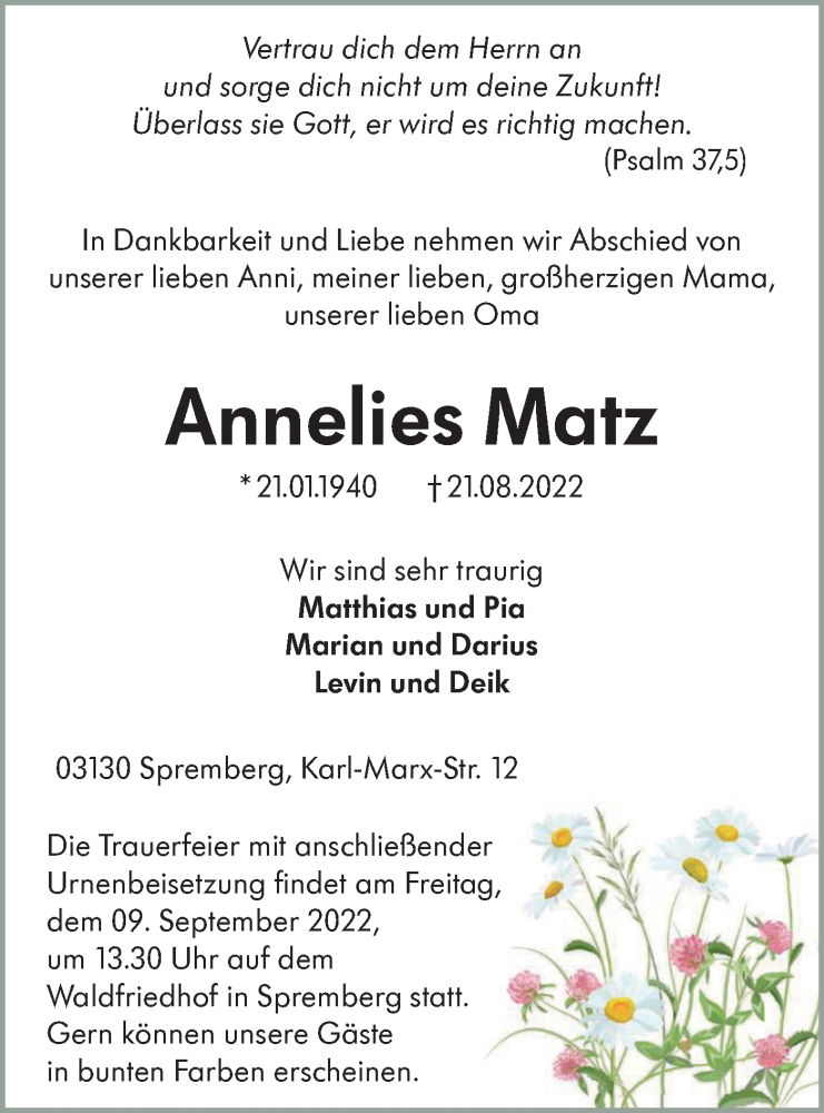  Traueranzeige für Annelies Matz vom 31.08.2022 aus lausitzer_rundschau