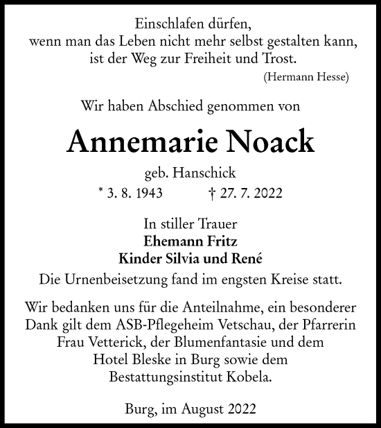 Traueranzeige von Annemarie Noack von lausitzer_rundschau