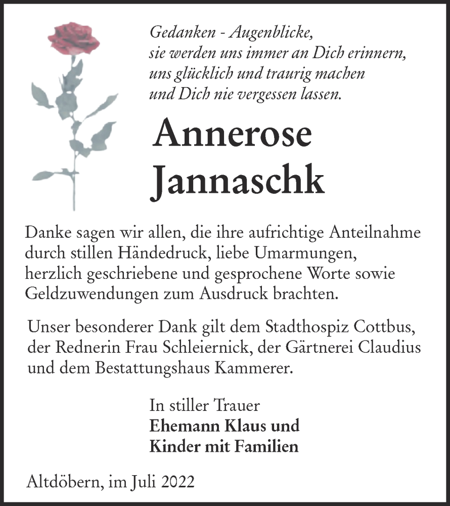  Traueranzeige für Annerose Jannaschk vom 06.08.2022 aus lausitzer_rundschau