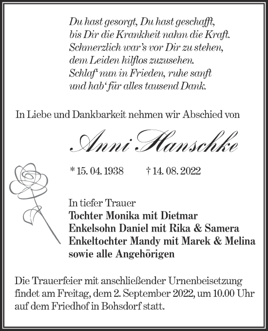 Traueranzeige von Anni Hanschke von lausitzer_rundschau