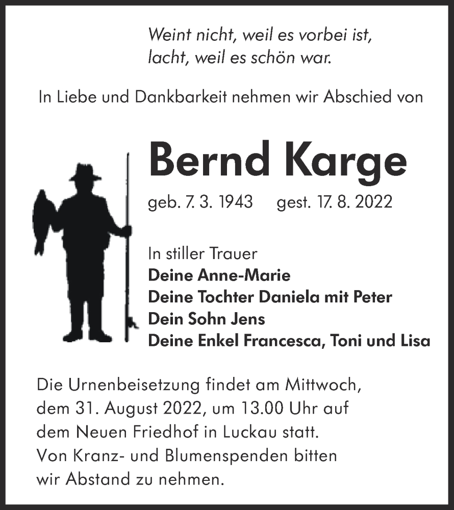  Traueranzeige für Bernd Karge vom 27.08.2022 aus lausitzer_rundschau