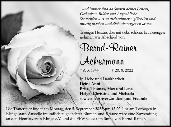 Traueranzeige von Bernd-Rainer Ackermann von lausitzer_rundschau