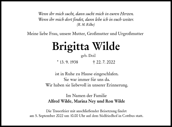 Traueranzeige von Brigitta Wilde von lausitzer_rundschau
