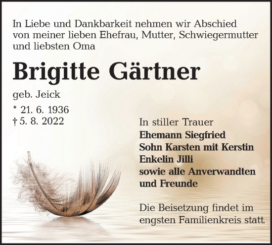 Traueranzeige von Brigitte Gärtner von lausitzer_rundschau