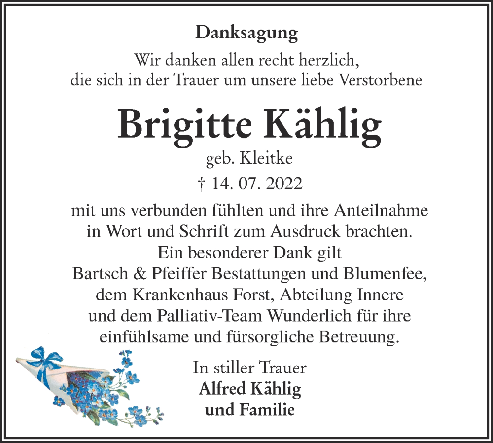  Traueranzeige für Brigitte Kählig vom 13.08.2022 aus lausitzer_rundschau