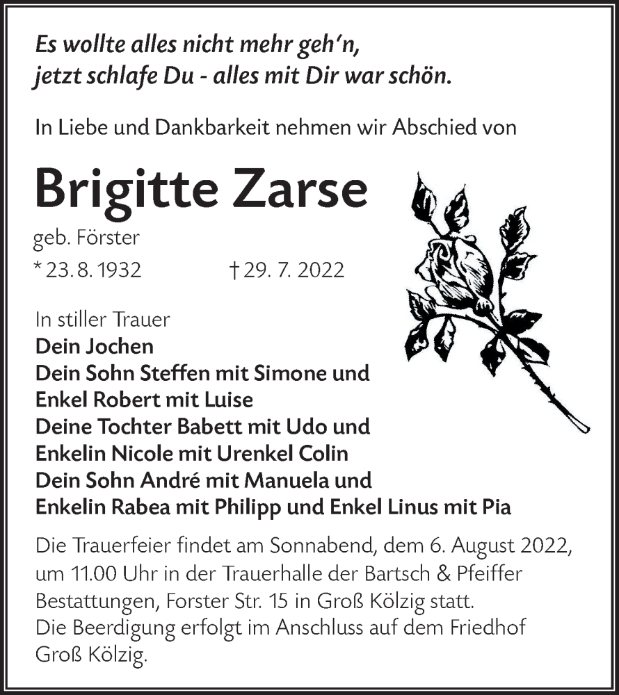  Traueranzeige für Brigitte Zarse vom 03.08.2022 aus lausitzer_rundschau