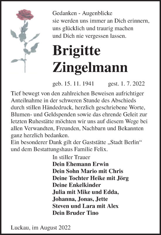 Traueranzeige von Brigitte Zingelmann von lausitzer_rundschau