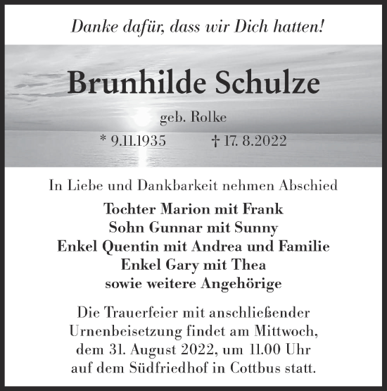 Traueranzeige von Brunhilde Schulze von lausitzer_rundschau