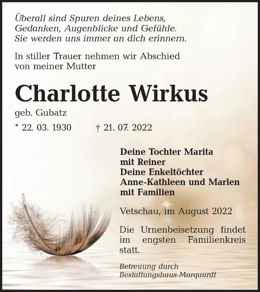  Traueranzeige für Charlotte Wirkus vom 13.08.2022 aus lausitzer_rundschau