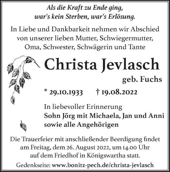 Traueranzeige von Christa Jevlasch von lausitzer_rundschau