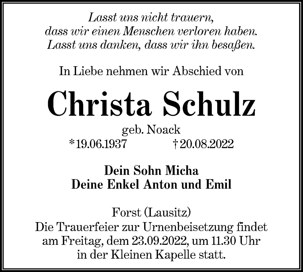  Traueranzeige für Christa Schulz vom 27.08.2022 aus lausitzer_rundschau