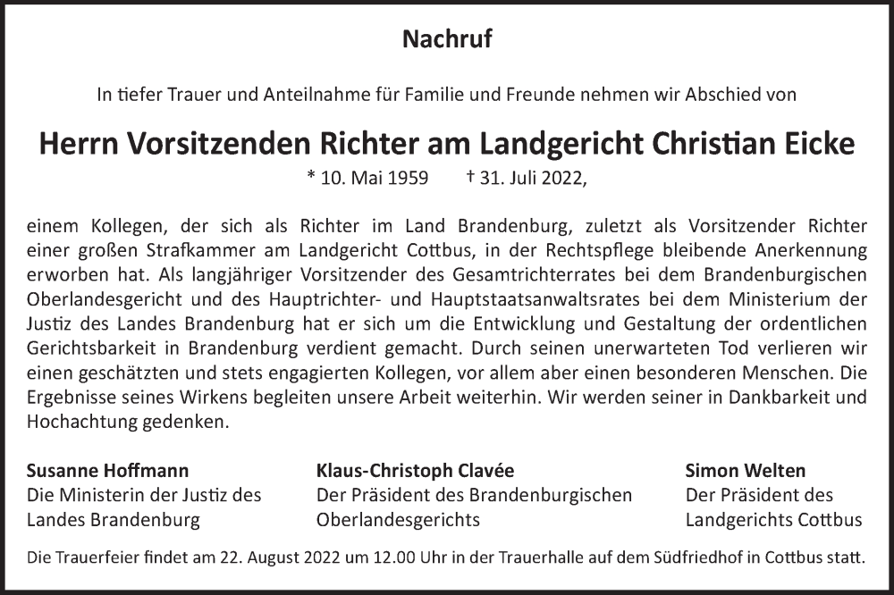  Traueranzeige für Christian Eicke vom 17.08.2022 aus lausitzer_rundschau