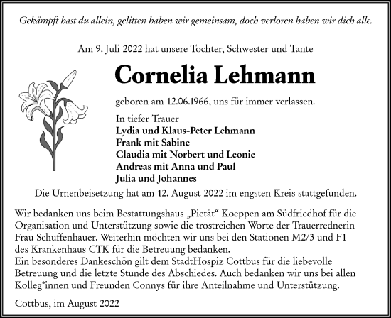 Traueranzeige von Cornelia Lehmann von lausitzer_rundschau