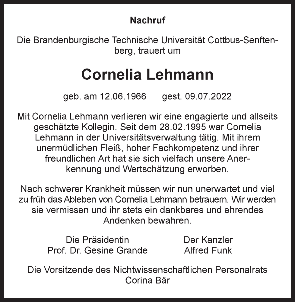  Traueranzeige für Cornelia Lehmann vom 20.08.2022 aus lausitzer_rundschau