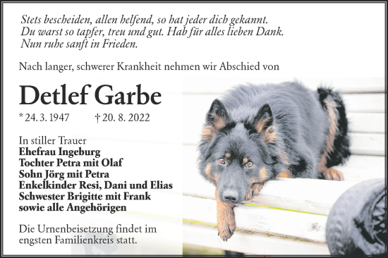 Traueranzeige von Detlef Garbe von lausitzer_rundschau