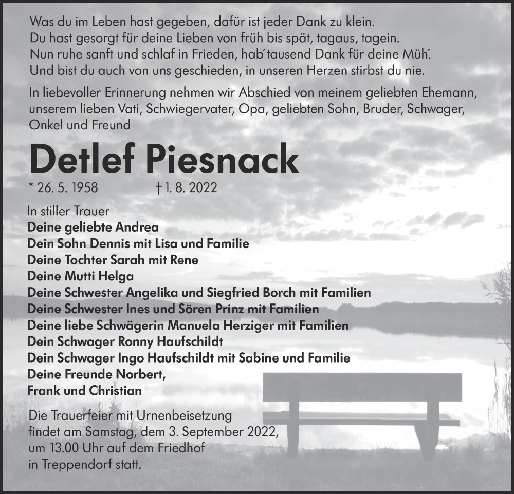  Traueranzeige für Detlef Piesnack vom 13.08.2022 aus lausitzer_rundschau