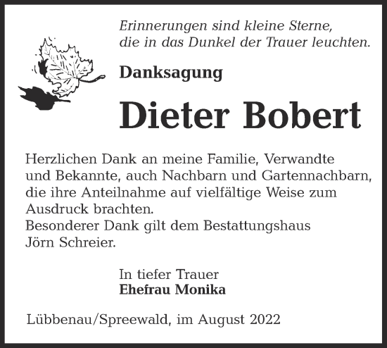 Traueranzeige von Dieter Bobert von lausitzer_rundschau