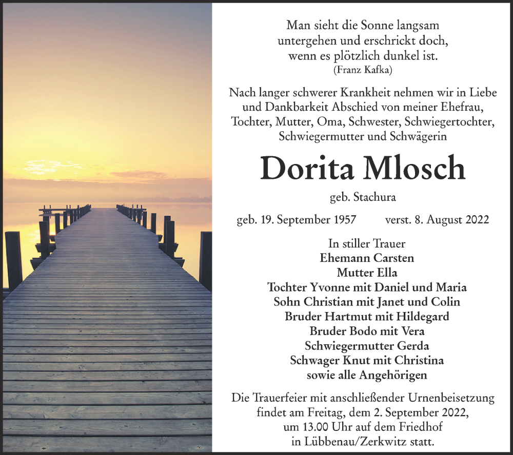  Traueranzeige für Dorita Mlosch vom 27.08.2022 aus lausitzer_rundschau