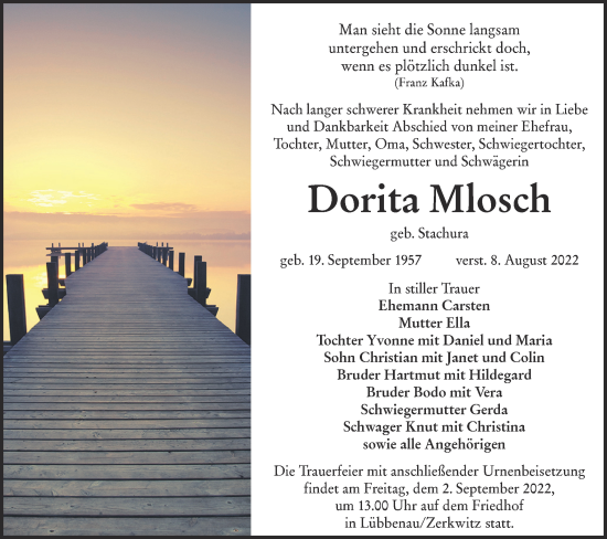 Traueranzeige von Dorita Mlosch von lausitzer_rundschau
