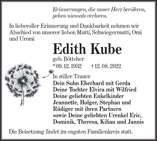 Traueranzeige von Edith Kube von lausitzer_rundschau