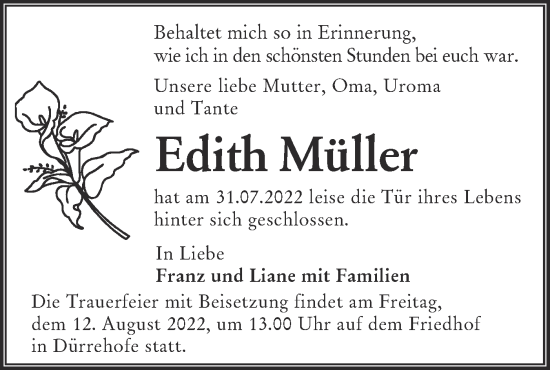 Traueranzeige von Edith Müller von lausitzer_rundschau