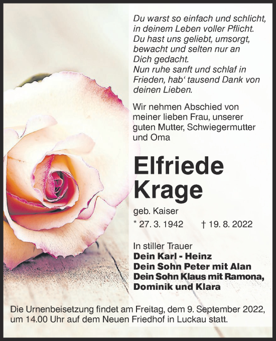 Traueranzeige von Elfriede Krage von lausitzer_rundschau