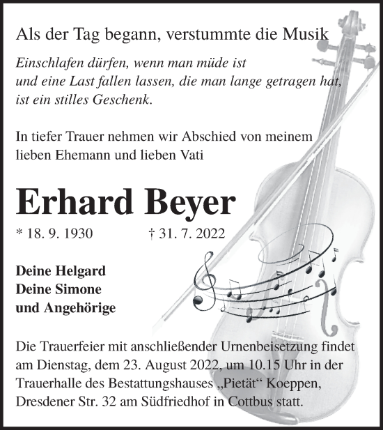 Traueranzeige von Erhard Beyer von lausitzer_rundschau