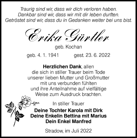 Traueranzeige von Erika Gürtler von lausitzer_rundschau