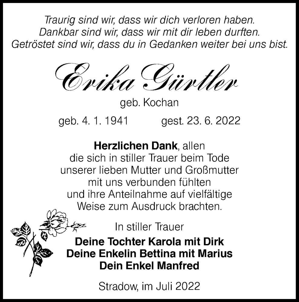  Traueranzeige für Erika Gürtler vom 06.08.2022 aus lausitzer_rundschau